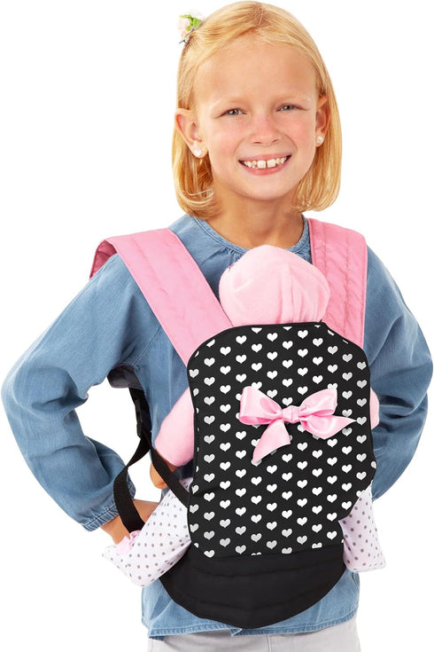 Bayer Design Dolls Carrier, Black and Pink Hearts, Adjustable for Dolls Up to 18", Kids Toy, Ages 3+