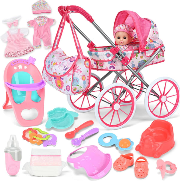 ALLROAD Baby Doll Stroller Toy Set with 12.5'' Doll and Accessories- 2 Doll