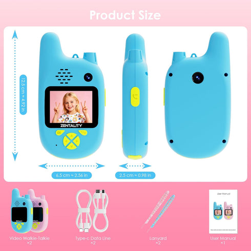 ZENTALITY 312 2-Way 1000ft Video Walkie Talkies for Kids, Toys for Year, Dual Camera, Rechargeable Radio Toy, Send