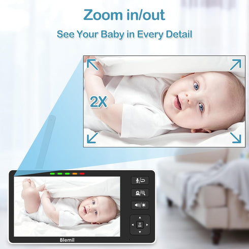 Blemil 5.5" 4000mAh Baby Monitor, HD Split-Screen with Battery, Panoramic Zoom Video Baby Monitor with Camera