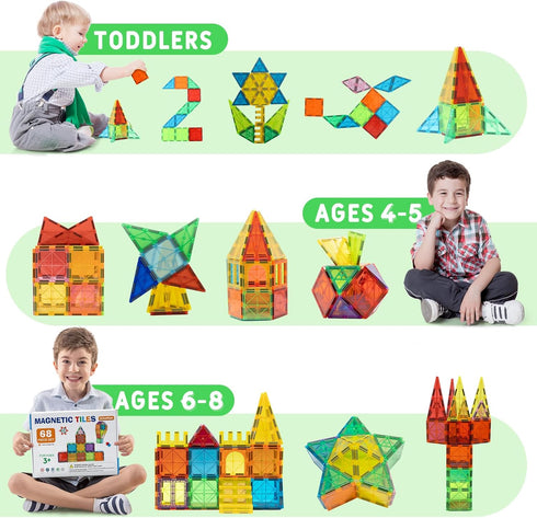 Magnetic Tiles Set, 68PCS 3D Clear Building Blocks, STEM Educational Toys Gift for Kids Boys and Girls Ages 3-9
