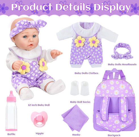 12" Backpack Accessories,12 Inch Set 3+ Flower Pattern Baby Doll With Carrier Can Store Clothes and Baby Dolls In Gift