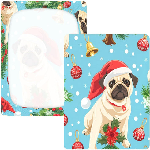 Bseiialft 52 28 Christmas Pugs Blue Crib Sheets for Boys Girls Soft and Breathable Cotton Baby Sheets for Standard Crib