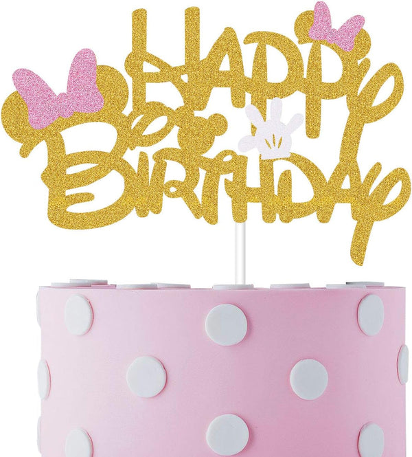 Pink And Gold Glitter Minnie Inspired Happy Birthday Cake Topper with Pink Bows and White Gloves for Girls Birthday