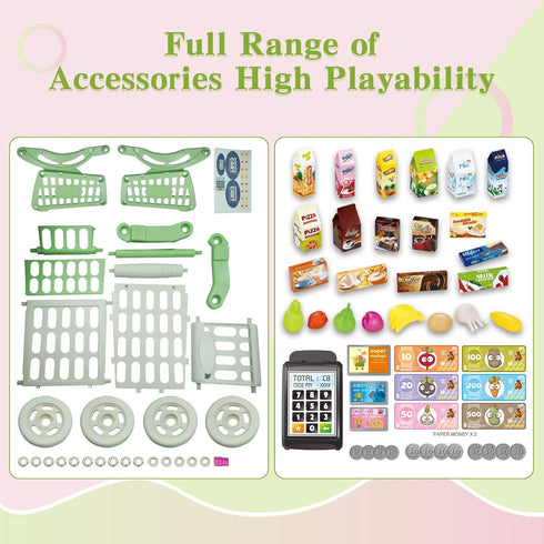 54pcs Playset RedCrab Kids Shopping Cart Toy Supermarket Included Grocery Cart Toy,Credit Card Pretend Fruit Vegetables