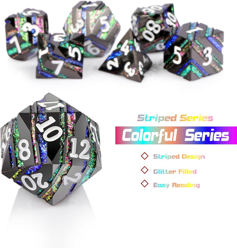 Set DNDND Colorful Stripe Metal Dice, Full Glitter Stripes Metallic DND Dice with Gift Metal Case for Dungeons