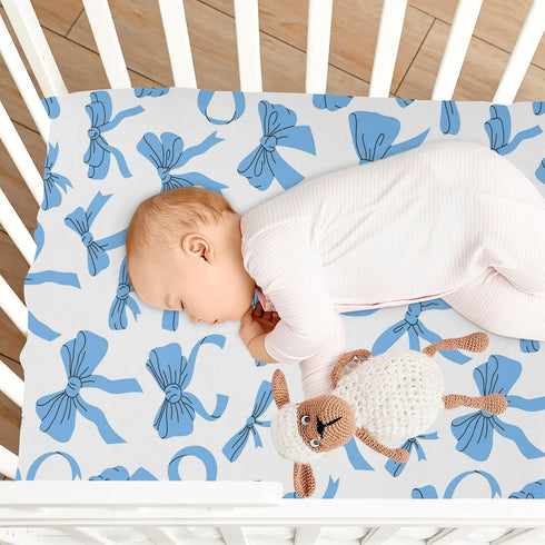Caikeny 27 39 Fitted Crib Sheet for Boys Girls Cartoon Bows Baby Crib Sheets Blue Ribbon Bassinet Sheets Crib Mattress
