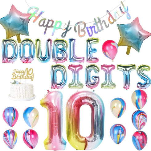 Rainbow 10th Birthday Decorations, Double Digits Number 10 Star Balloons, Happy Birthday Banner for Girls