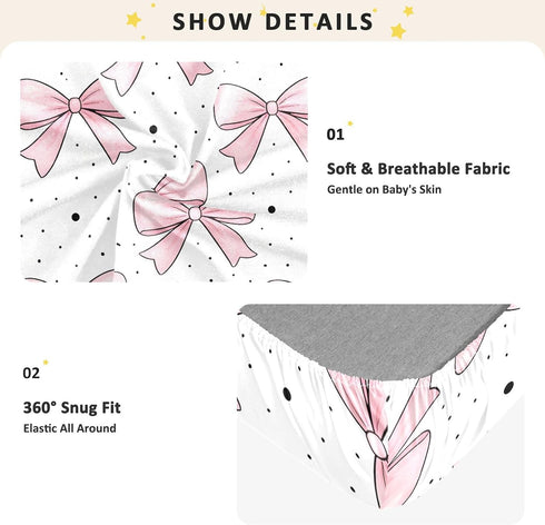 CZXW 52" 28" Pink Bowknot Pattern Crib Sheets Fitted x Natural Cotton Soft & Breathable for Baby Crib Mattress