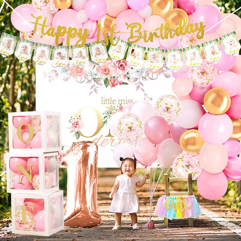 PYCALOW 1st 1st First Birthday Decorations Girl - Girl Decorations Include Balloon Garland Arch, Box, Backdrop, Hat