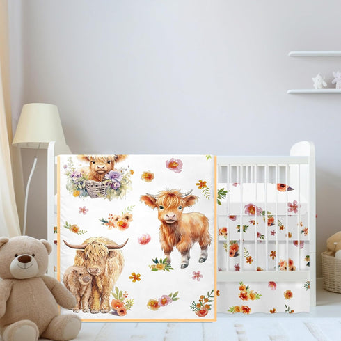 Mixweer Highland Cow Crib Bedding Set for Boys Girls Colorful Flower Baby
