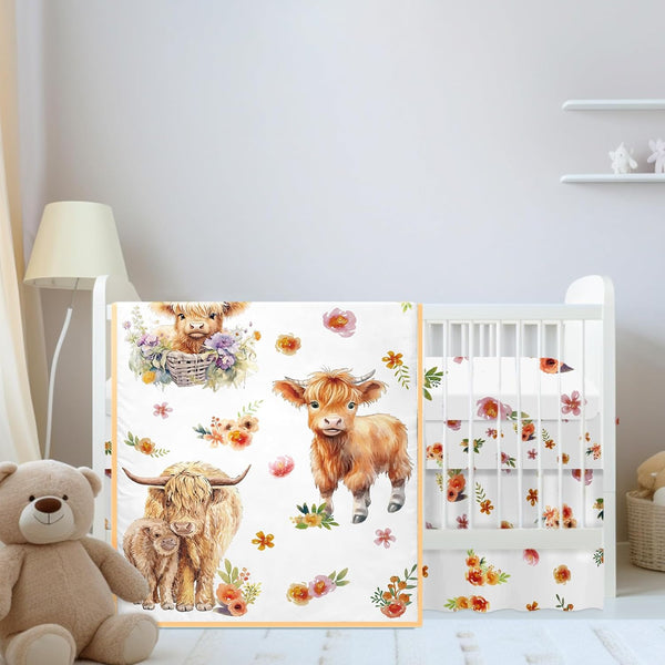 Mixweer Highland Cow Crib Bedding Set for Boys Girls Colorful Flower Baby