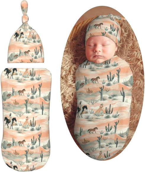 Western Cowgirls and Desert Newborn Swaddle Blankets Hat Sets Soft Baby Receiving