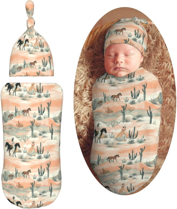 Western Cowgirls and Desert Newborn Swaddle Blankets Hat Sets Soft Baby Receiving