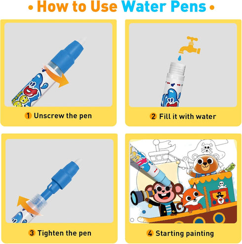 BATHKITS 3 Pack 30 3+ Reusable Water Painting Book for Kids - Magic Water Coloring Books with Water Pens, Fairy Tale