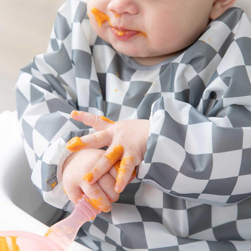 Bumkins Sleeved Bib for Baby and Toddler, Essential Must Have for Eating, Feeding, 6-24 Mos, Long Sleeve Charcoal Check