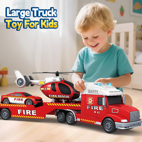 3 4 5 6 7 8 27" Kids Toys for Years Old Boys, Fire Truck Toy with Racing Car and Helicopter, Toddler Friction Powered