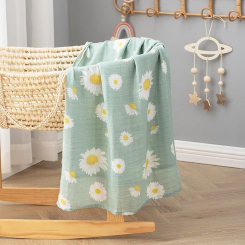Set 47x47 inches, BabyWhale Muslin Swaddle Blanket with Hat and Headband Bow, Daisy Pattern Swaddle for Baby Boys