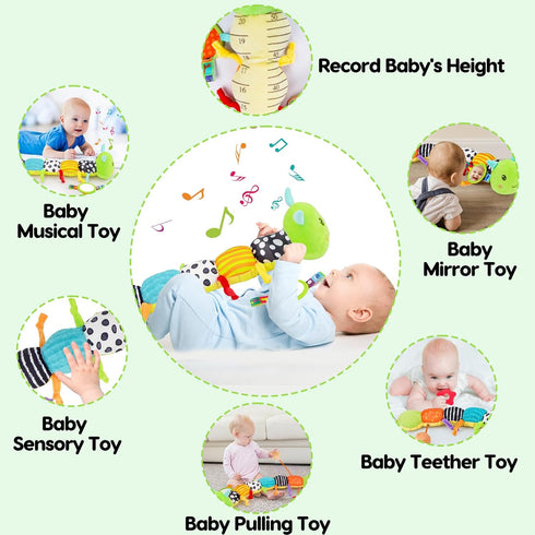 Baby Sensory Toy - Music Animal Stuffed Plush Caterpillar for Infant 0-3 Months, Tummy Time with Crinkle Rattle & Mirror