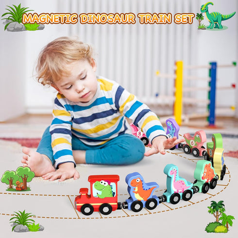 11 Magnetic Wooden Dinosaur Train Set, Montessori Educational Toys for Toddlers, Birthday Gifts for Kids