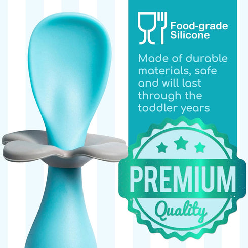 Mars Baby Flower Design Self-Feeding Training Utensils for Toddlers, Easy to Hold Weaning Tools, Blue