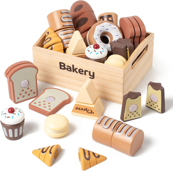 10 PCS Bakery Wooden Play Food Set for Kids Kitchen, Wooden Food