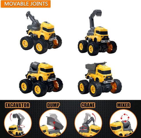 Construction Truck Toys - 4 Pack Excavator, Mixer, Crane, Dump Trucks, Push and Go Friction Powered Cars