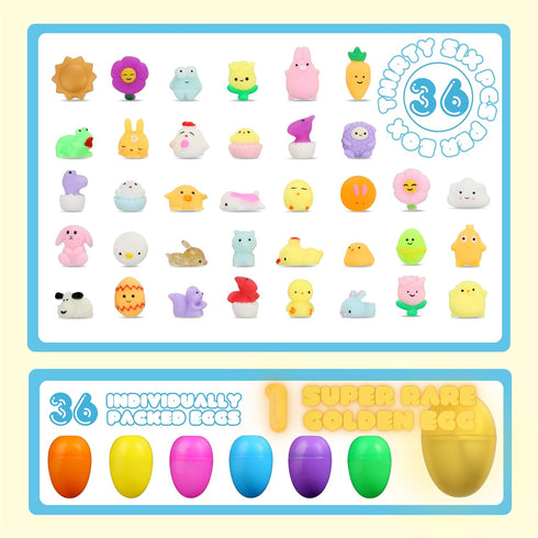 36pcs Easter Mochi Squishy Toys | Prefilled Eggs with Mini Squishy Toys | Easter Shapes | Basket Fillers, Party Favors