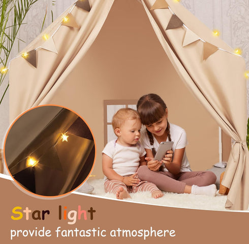 Kids Play Tent with Padded Mat & Star LED Lights, Large Indoor Play Room House Tent for Ages 4-10