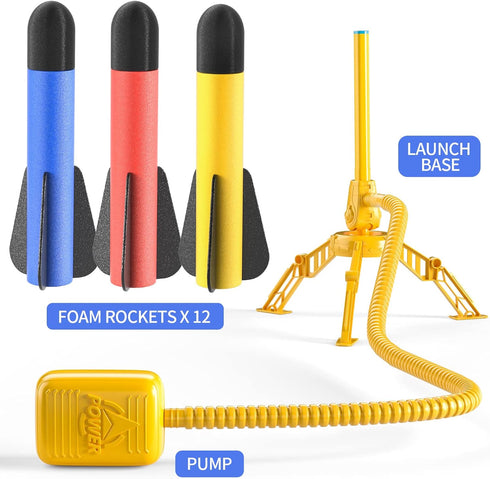 TEMI Rocket Launcher for Kids, 12 Foam Rockets and Launcher Pad, Outdoor Toys for Kids 3-6 Years Old