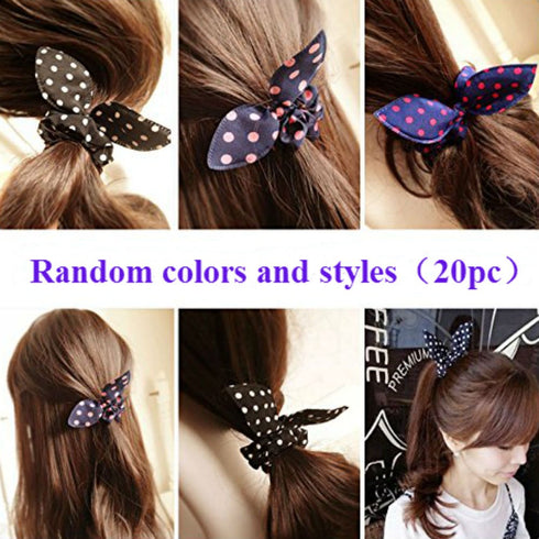 AKOAK 20 Pcs Baby Girl's Rabbit Ear Hair Tie Bands, Polka Dot Leopard Trip Ponytail Holder