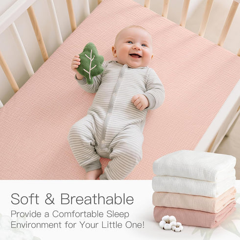 100% 2 Pack 52x28 Inches Organic Cotton Muslin Baby Fitted Crib Sheets Cream&Muted Pink, Ultra Breathable and Soft