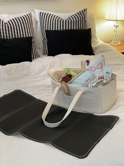 Cream Vegan Leather Diaper Caddy Organizer - Portable Baby Storage