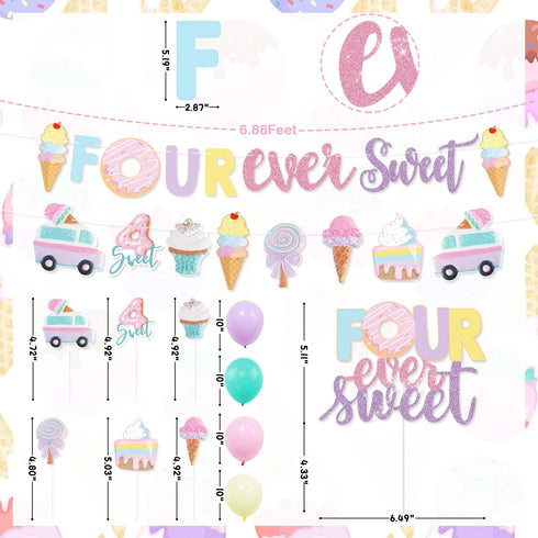 Four Ever Sweet Ice Cream Donut Party Decorations | Banner, Cake, Cupcake Toppers, Macaron, Balloons for Kids' Party