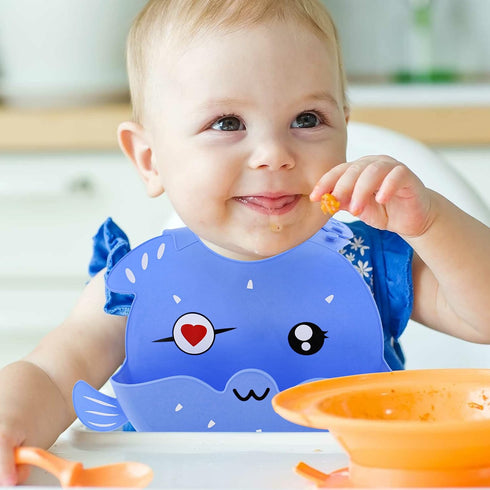 Silicone Bibs with Food Catcher Pocket, Adjustable Blue Fish Feeding Bibs with Trough for Littles