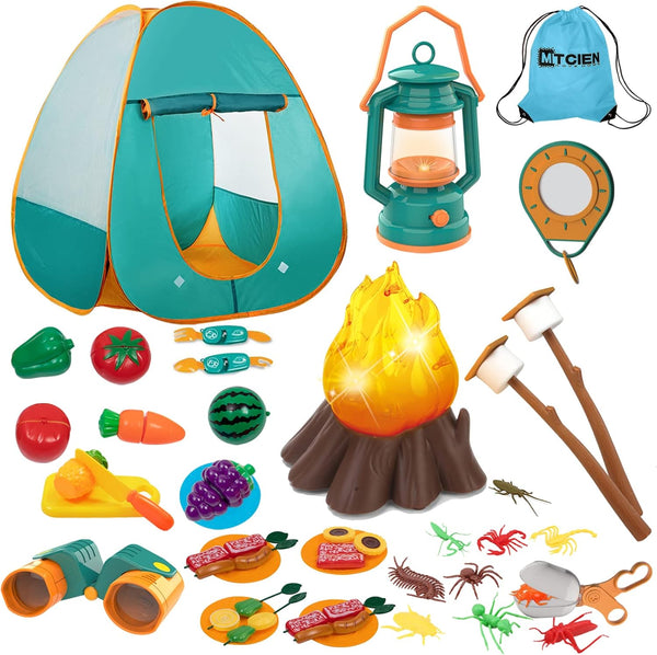 Mitcien Kids Camping Gear Set with Play Tent, Pretend Campfire, Fruits, Marshmallow Toys for Indoor Outdoor