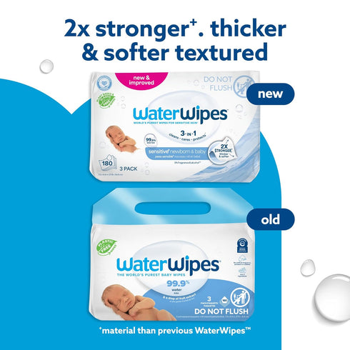 3-In-1 99.9% 180 Count (3 Packs) WaterWipes Sensitive+ Newborn & Baby Wipes, Cleans, Cares, Protects, Water, Unscented
