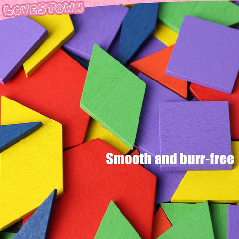LovesTown 150PCS Wooden Pattern Blocks, Geometric Shapes Tangram Puzzles for Kids with Educational Cards