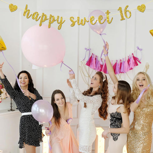 Happy Sweet 16 Banner - Gold Glitter Happy 16th Birthday Party Decorations, Cheer to 16 Years