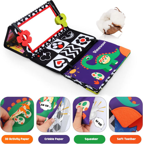 Tummy 3 6 12 Time Floor Mirror with Crinkle Cloth Book and Teethers, Double-sided Baby Mirror Black and White High