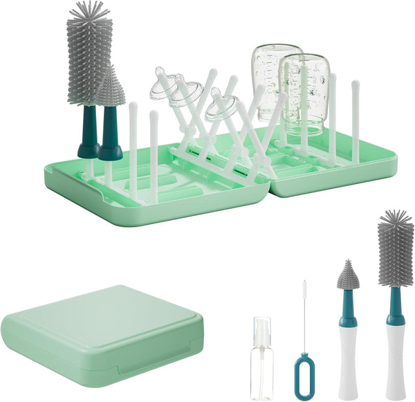 Portable Baby Bottle Brush Set with Multiple Brushes,Soap Dispenser, Foldable Bottle Drying