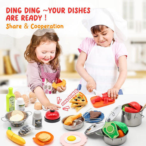 Hohosunlar Set, 38Pcs Sets Playset Kids Pretend Play Kitchen Accessories Stainless Steel Play Pots Pans for Kids, Toy