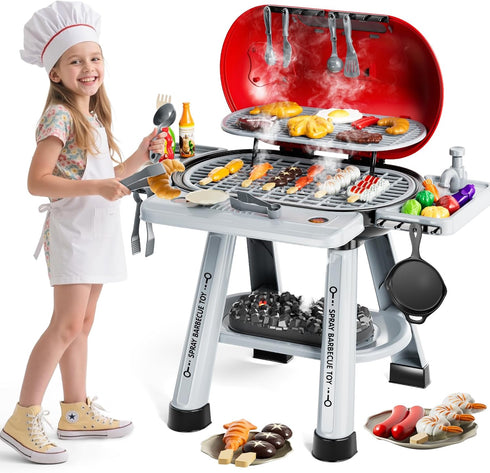 Playset 3-5, 2-Layer Set, Kids Grill for Toddlers Outdoor BBQ Cooking Toy with Smoke, Lights and Sounds, Backyard