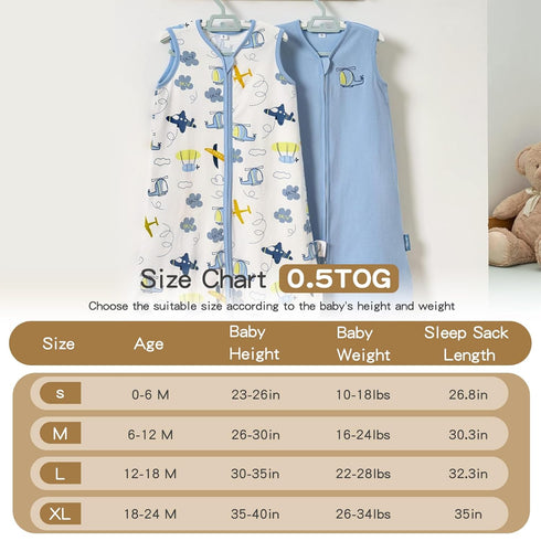 TILLYOU Sleep Sack 0-6 Months, 0.5 TOG Baby Wearable Blanket with 2-Way Zipper, 2 Pack, Sky Adventure & Sky Blue