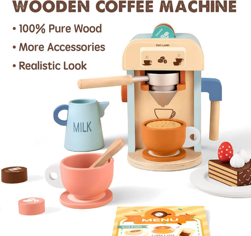 17Pcs Playset Tiny Land Kids Coffee Maker Wooden Kitchen Toys - Toy Coffee Maker - Wooden Play Toys, Play Kitchen