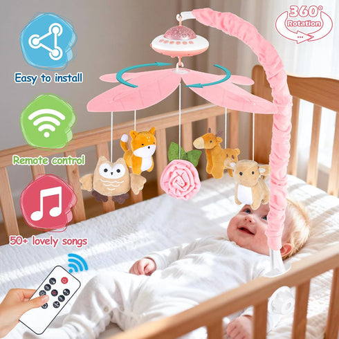 Playix Baby Crib Mobile with Music and Lights, Nursery Baby Mobile for Crib Bassinet with Remote Control, Rotation