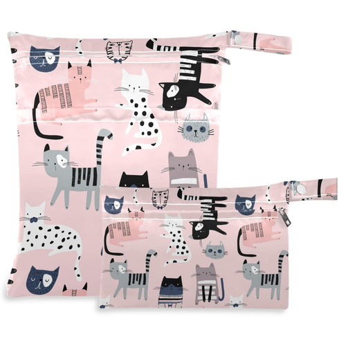 visesunny Cute Cat Dot 2Pcs Wet Bag with Zippered Pockets Washable Reusable Roomy
