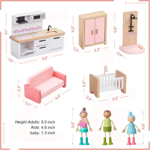 36pcs Set 5 3+ Giant bean Wooden Dollhouse Furniture with Dolls for Rooms, Wood & Plastic Pink Dollhouse Accessories