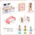 36pcs Set 5 3+ Giant bean Wooden Dollhouse Furniture with Dolls for Rooms, Wood & Plastic Pink Dollhouse Accessories
