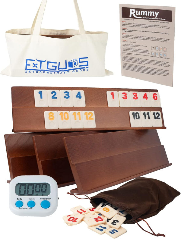 Deluxe Rummy Cube Game Set - 106 Tiles Classic Wooden Game with 4 Handmade Racks & Portable Canvas Bag